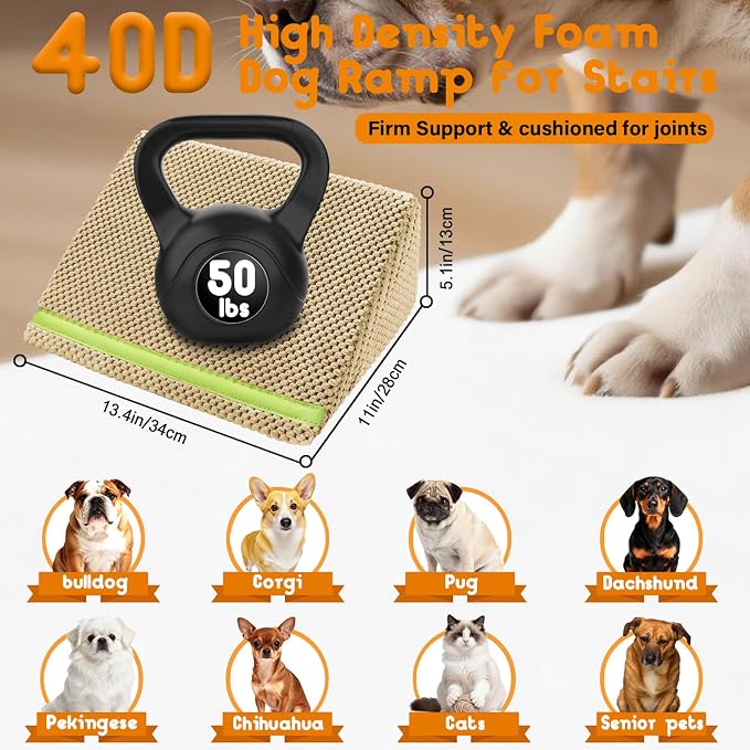 JoyBlooms Dog Ramp for Stairs for Small & Senior Dogs Cats, 40D Density Foam Gentle Slope Non-Slip Dog Stair Ramp with Glow Strip, Pet Ramp with Removable Washable Cover Brown-3pcs