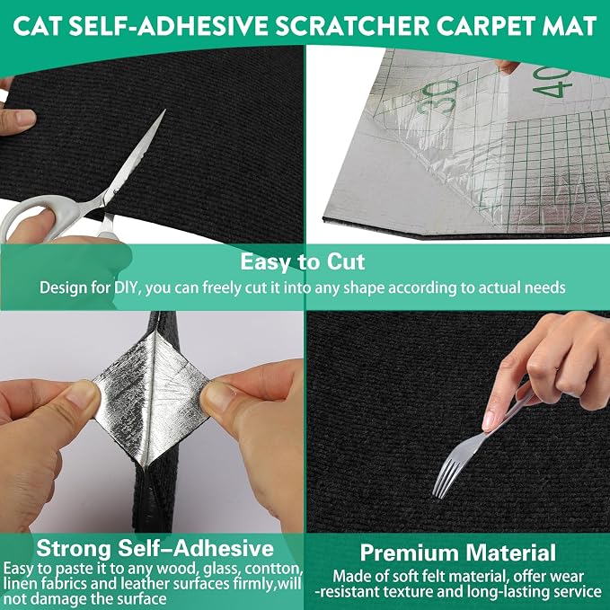 Trimmable Cat Scratcher Mat, Self-Adhesive Cat Scratching Carpet Pad Replacement for Cat Tree Shelves, Cat Steps and Posts, DIY Cat Scratch Couch Furniture Protector (Black, 39.4"x15.8")