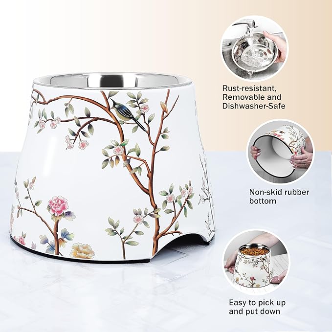 Ceramic Dog Bowl 7 inch Height for (30-55lbs) Medium Size Dogs Includes Food-Grade 304 Stainless Steel Bowls Non-Slip 3.8 Cups(860ml) Bowl Feeder in an Artful and Design (White)