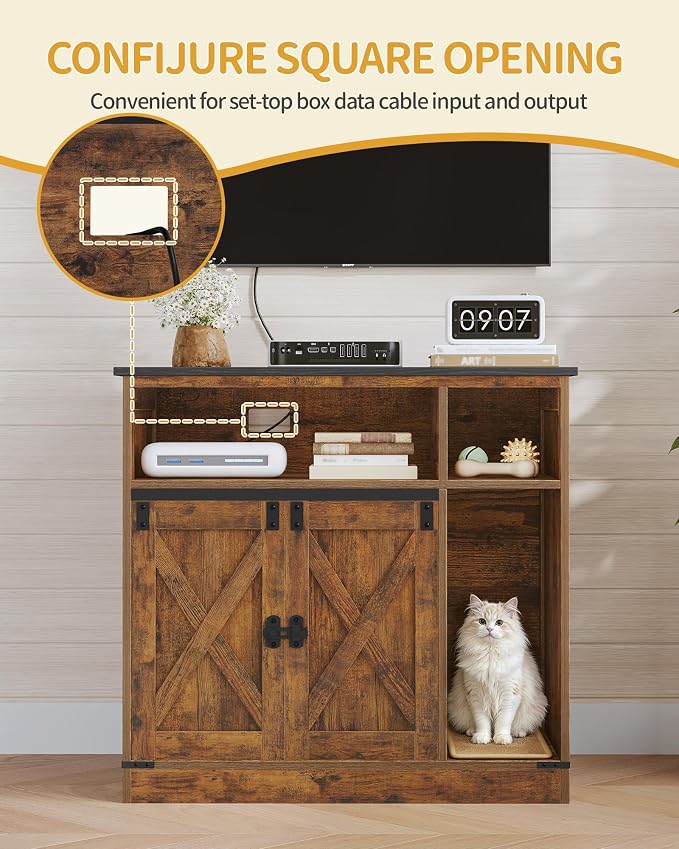 Hzuaneri Cat Litter Box Enclosure, Hidden Litter Box Furniture with Storage, Wooden Cat Cabinet with Scratch Pad, Farmhouse Cat Washroom, TV Stand End Table, Rustic Brown CB87501X