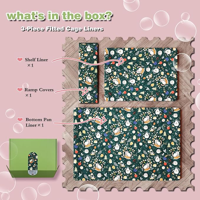 Ferret Cage Liner for Ferret Nation & Critter Nation Cage,Cute Animal Print,Washable Bedding,Cage Accessories for Ferrets, Chinchillas, Rats, Rabbits & Other Small Pets (Single Unit Combo)