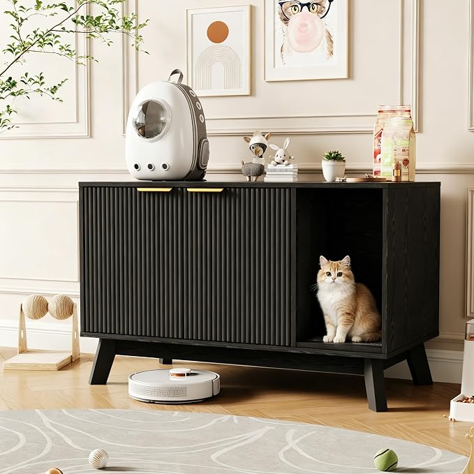 Garvee Cat Litter Box Enclosure, 39" Litter Box Enclosure Furniture Hidden Litter Box with Cat Litter Mat and Ventilated Holes, Modern Indoor Cat House, Side End Table for Living Room, Black