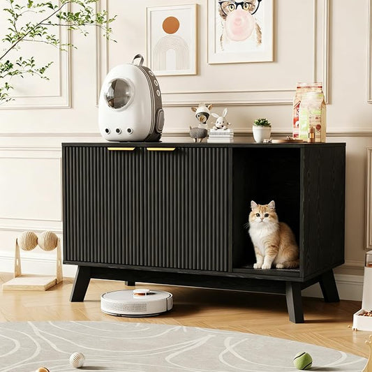 Garvee Cat Litter Box Enclosure, 39" Litter Box Enclosure Furniture Hidden Litter Box with Cat Litter Mat and Ventilated Holes, Modern Indoor Cat House, Side End Table for Living Room, Black