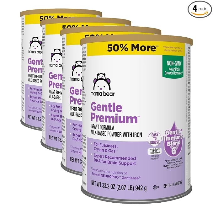 Amazon Brand - Mama Bear Gentle Premium Baby Formula Powder, DHA for Brain Support, Immune Blend 6, 2'FL HMO, For Fusiness, Crying & Gas, 33.2 Ounce (Pack of 4)