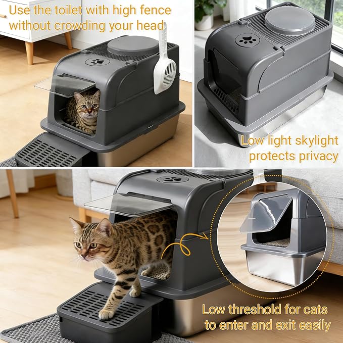 Stainless Steel Cat Litter Box with Lid, Large Enclosed Litter Box for Large Cats, High Sided Metal Cat Box with Two-Way Door & Anti-Scratch Scoop, Anti-Leakage Design, Silver