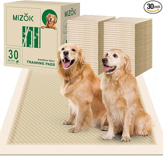 MIZOK Pee Pads for Dogs 36x36in Bamboo Dog Pads Super Absorbent Odor Eliminating Leak-Proof, XXL Dog Pee Pads with Adhesive Tabs for Large Breeds, Disposable (30 Count)