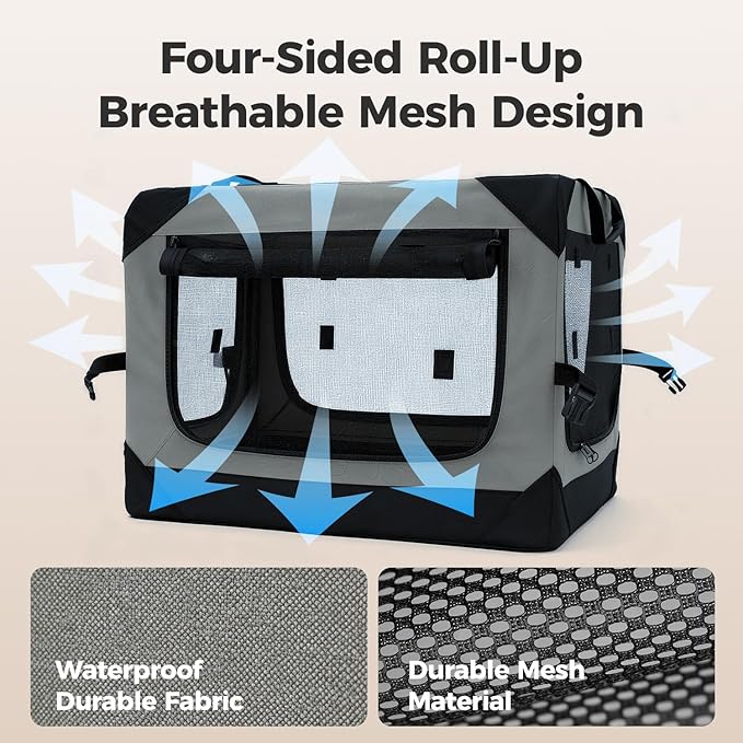 30 Inch Soft Collapsible Crate for Medium Dogs, 4-Door Portable Foldable Soft Kennel with Chew Proof Mesh Windows for Indoor & Outdoor Travel Grey