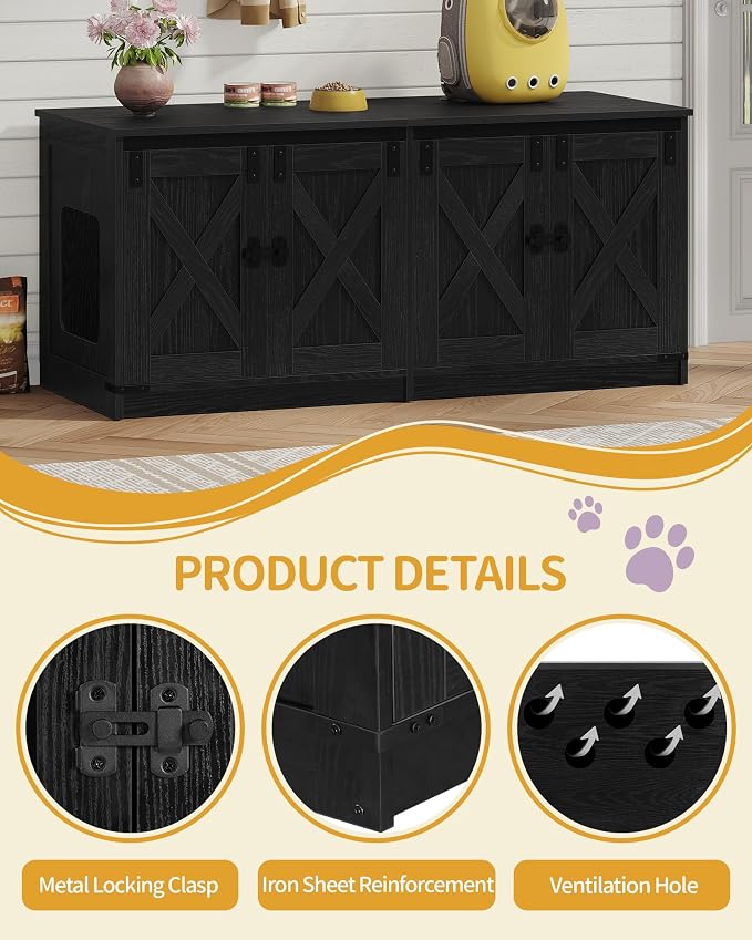 Hzuaneri Cat Litter Box Enclosure for 2 Cats, Hidden Litter Box Furniture Cabinet with Double Room, Indoor Cat House, Farmhouse Style, 46.7 x 18.9 x 21.1 Inches, Black CB85304X