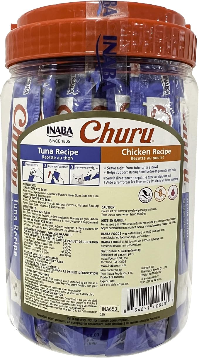 INABA Churu Lickable Grain-Free Purée Cat Treats, (75 Tuna and 75 Chicken) | Grain-Free, Lickable, Squeezable Creamy Purée, Treat/Topper