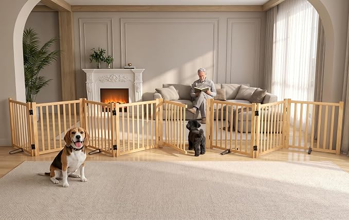 Wooden Freestanding Dog Gate Indoor, 23" H Wood Dog Gates with Door Walk Through, No-Painted Folding Doggy Gate for Doorway, Portable Puppy Fence for Stairs- 8 Panels