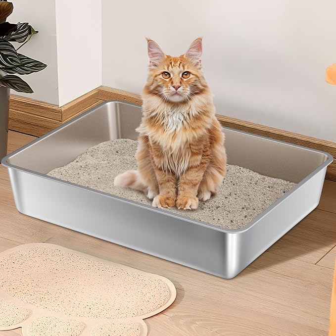 XXXL Stainless Steel Litter Box, Steel Litter Box 28" X 20" X 6" No Smell, Extra Large Metal Litterbox for Big Cat, Multiple Cats, Non Stick, Easy Cleaning