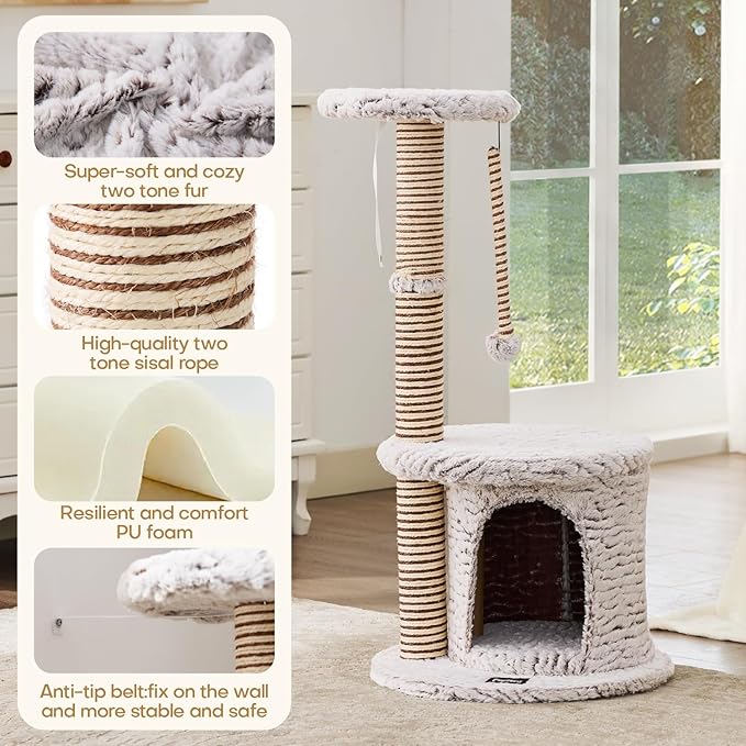 Cat Tree Tower, Multi-Level Cat Tower Condo with Spacious Elevated Perch, Scratching Post, Cozy Cave, Dangling Toy Ball, Durable Pet House Furniture for Indoor Kittens.