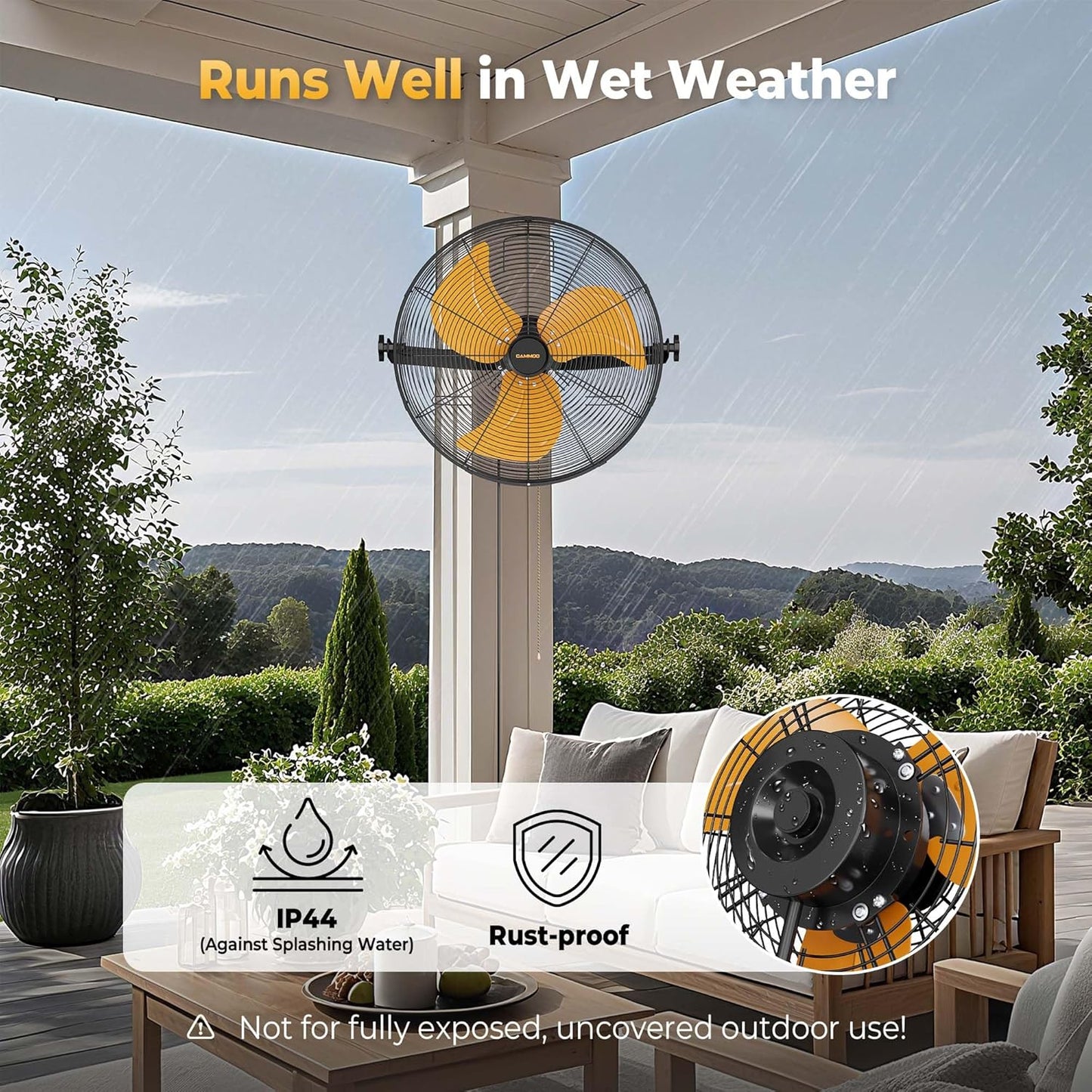 18 Inch Wall Mount Fan, Extended 6.6ft Power Cord, 360° Tilt Adjustment, 3-Speed, IP44 Industrial Commercial Wall Mounted Fan for Greenhouse, Garage, Workshop, Covered Patio, 1 Pack