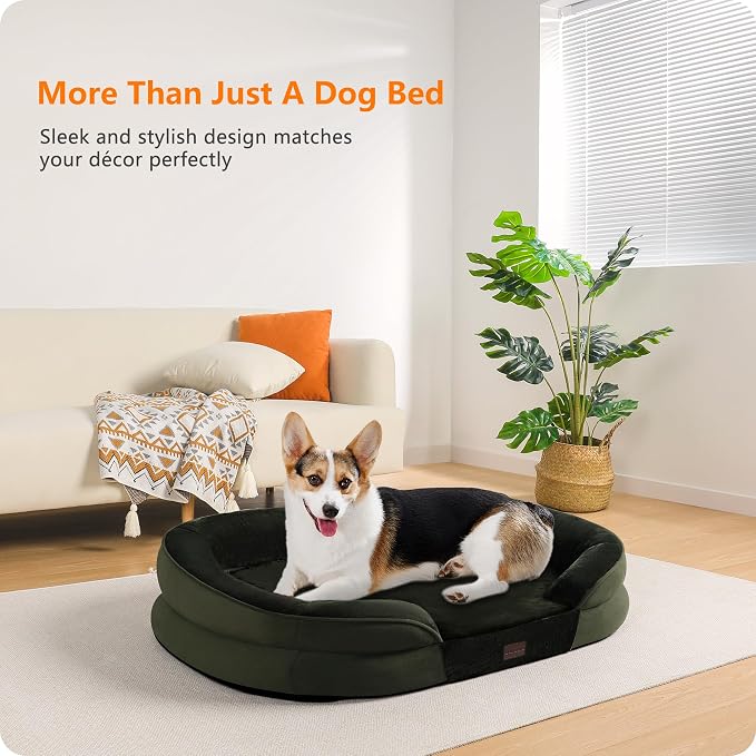 Dwanton Orthopedic Dog Bed for Medium Dogs with Gel Memory Foam, Waterproof Dog Sofa, Washable Pet Bed with Four Sided Bolster Cushion, Removable Cover & Non-Slip Bottom, 36", Green