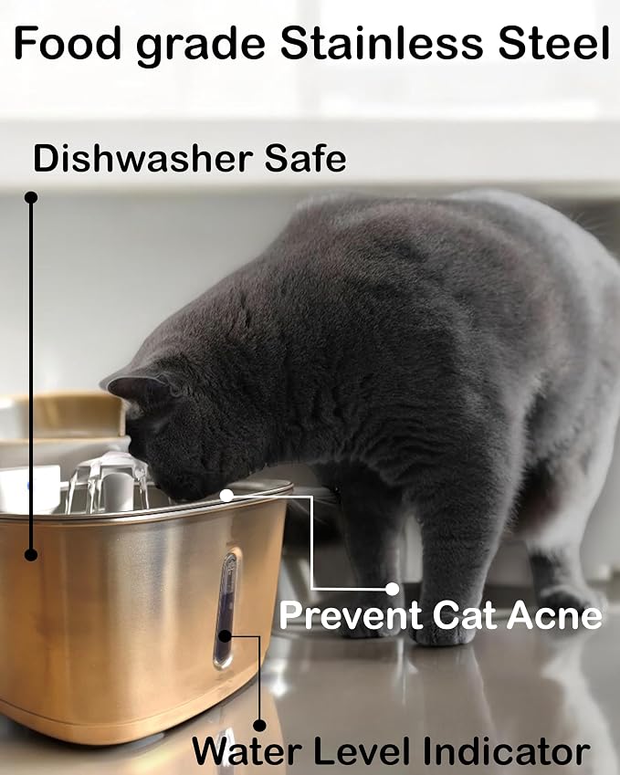 Stainless Steel Cat Water Fountain 3.2L/108oz Kitty Cat Water Fountain Cordless Battery Operated Pet Water Fountain Bundle