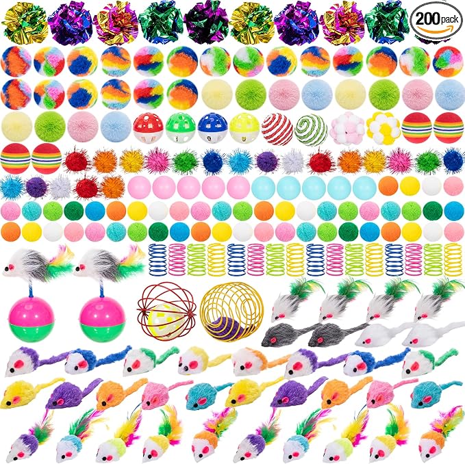 Leitee 200 Pcs Cat Toys Bulk, Interactive Kitten Toys Set for Indoor Cats with Colorful Springs Toy, Mouse Toy, Rainbow, Crinkle, Sparkle Balls, Pom Pom, Bell & Sisal Ball for Boredom Relief Exercise