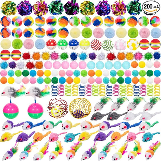 Leitee 200 Pcs Cat Toys Bulk, Interactive Kitten Toys Set for Indoor Cats with Colorful Springs Toy, Mouse Toy, Rainbow, Crinkle, Sparkle Balls, Pom Pom, Bell & Sisal Ball for Boredom Relief Exercise