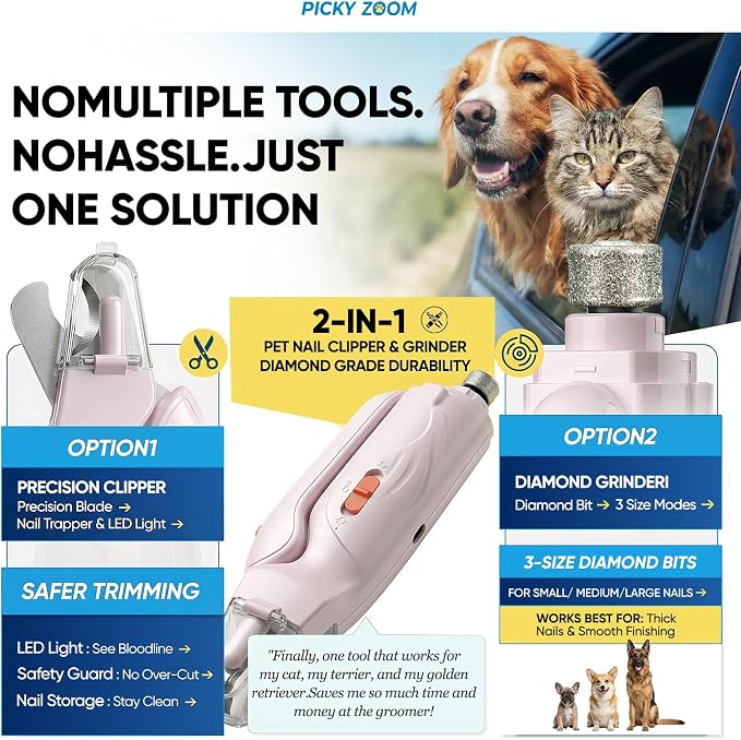 2-in-1 Dog & Cat Nail Clippers and Grinder with Light – Safety Guard to Avoid Overcutting, Sharp Blade, Painless Quiet Pet Nail Claw Trimmers, Professional Grooming Tool for Large Small Pets