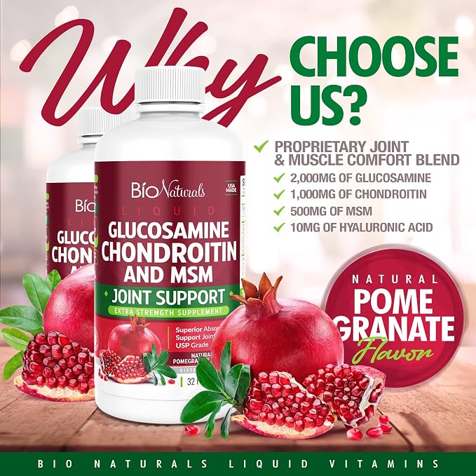 Liquid Glucosamine Chondroitin MSM Pharmaceutical Grade Supplement with Hyaluronic Acid – Maximum Strength Joint Support - 32 fl oz