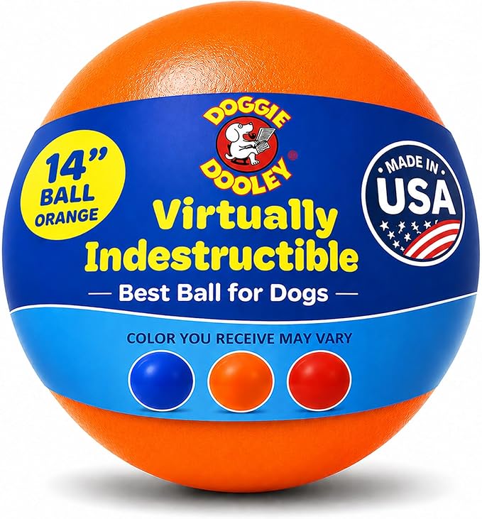 Doggie Dooley Virtually Indestructible Dog Ball - 14 Inch Hard Plastic Interactive Dog Toy for Large Breeds Over 75+ lbs - Built for Herding & Push Play - Floats in Water, Made in USA -Colors May Vary
