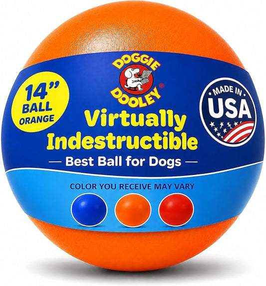 Doggie Dooley Virtually Indestructible Dog Ball - 14 Inch Hard Plastic Interactive Dog Toy for Large Breeds Over 75+ lbs - Built for Herding & Push Play - Floats in Water, Made in USA -Colors May Vary