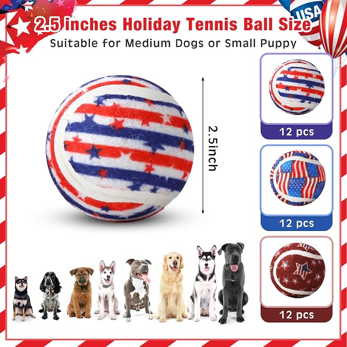 Libima 36 Pcs Dog Tennis Balls 2.5 Inches Toy Ball for Small Medium Large Dogs Durable Teething Chew Toys for Aggressive Dogs Exercise Training Catching, 3 Styles (4th of July)