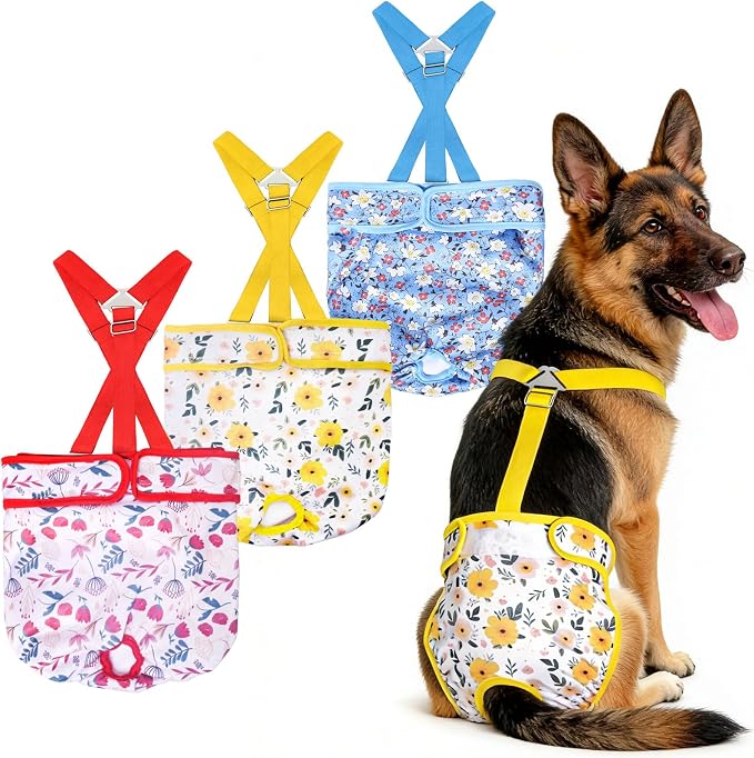 Female Dog Diapers 3 Pack Washable Dog Diapers Female Dog Diaper that Stay on Dog Diaper Female with Suspenders Reusable Doggie Diapers for Heat, Incontinence and Puppy Training (X-Large)