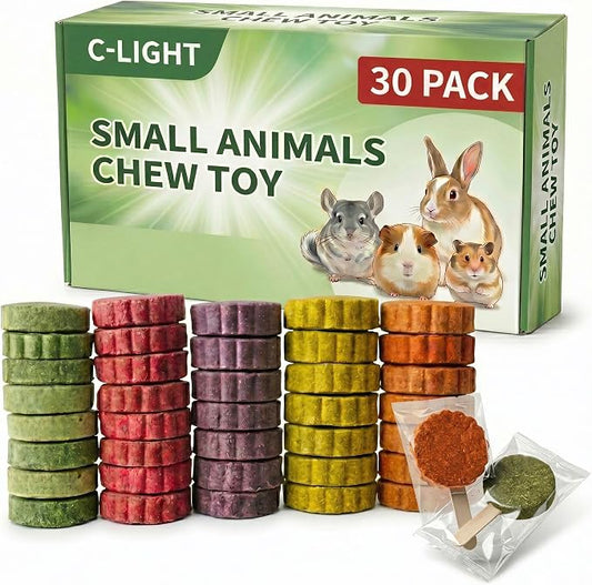 C-LIGHT Rabbit Chew Toys, 30 Pack Individually Wrapped, 5 Pure Veggies Flavors + Timothy Hay, Teeth Grind & Digestion, Cage Enrichment Toy for Hamsters,Guinea Pig, Chinchilla