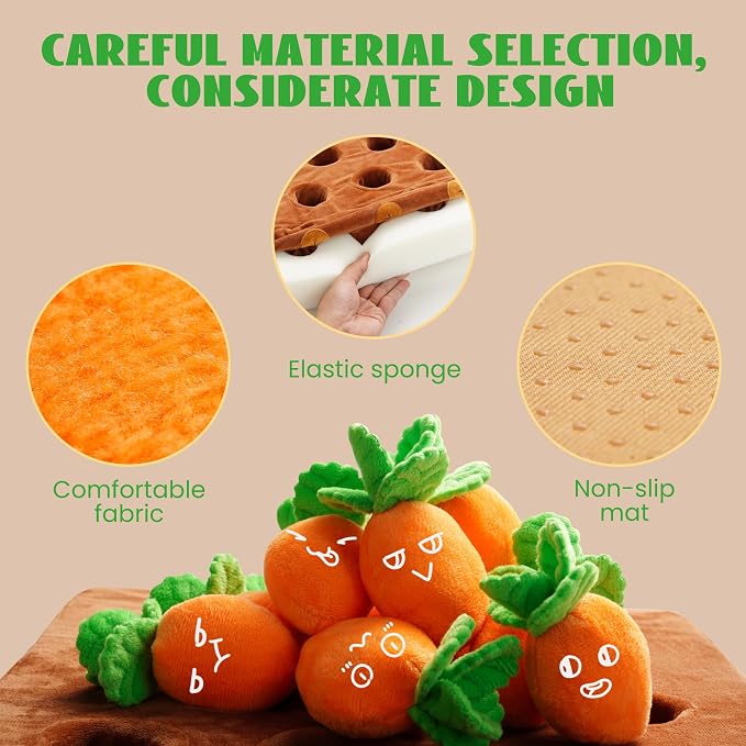 Nocciola Carrot Puzzle Dog Toys, 12PC Squeaky Carrots & Farm Snuffle Mat for Hide and Seek Snuffle Toys for Small and Medium Dogs, Carrot Patch Dog Toy to Keep Them Busy