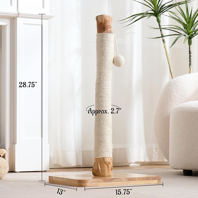 29" Tall Solid Wood Cat Scratching Post for Indoor Cats, Extra Stable Heavy Base, Natural Sisal Scratcher with Hanging Ball, Furniture Protector for Kittens & Adult Cats, White