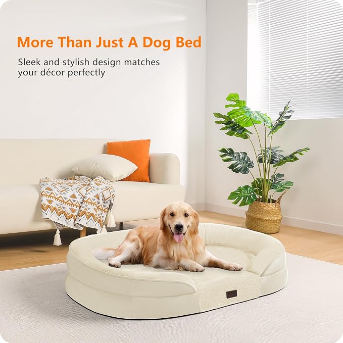 Dwanton Orthopedic Dog Bed for Large Dogs with Gel Memory Foam, Waterproof Dog Sofa, Washable Pet Bed with Four Sided Bolster Cushion, Removable Cover & Non-Slip Bottom, 42", Beige