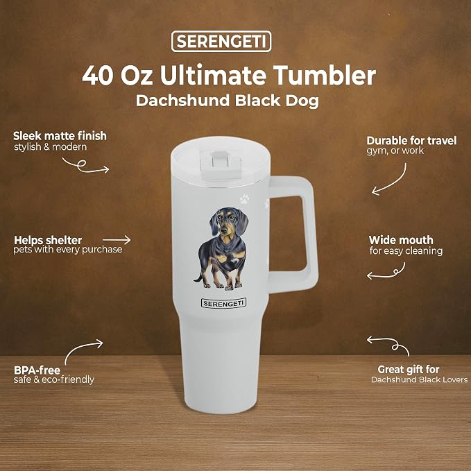 SERENGETI 40 Oz Ultimate Tumbler with Handle and Straw - Vacuum Insulated Tumbler with Straw and Lid - Stainless Steel Travel Mug for Pet Lovers - 3D Designs of your favorite Dog (Black Dachshund)