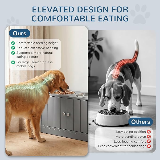 PawHut Large Elevated Dog Bowls with Storage Cabinet Containing Large 44L Capacity, Raised Dog Bowl Stand Pet Food Bowl Pet Feeding Station, Gray
