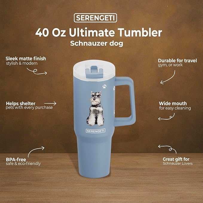 E&S Pets SERENGETI 40 Oz Ultimate Tumbler with Handle and Straw - Vacuum Insulated Tumbler with Straw and Lid - Stainless Steel Travel Mug for Pet Lovers - 3D Designs of your favorite Dog (Schnauzer)