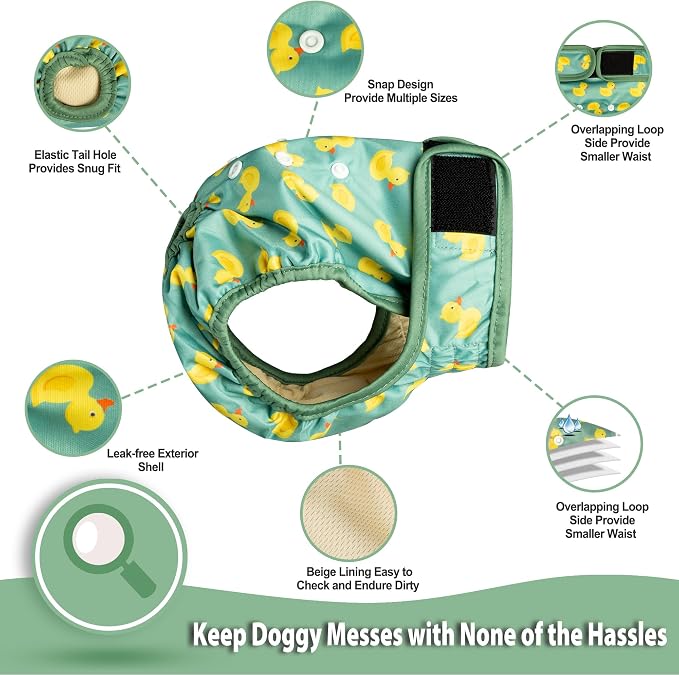 Langsprit Washable Female Dog Diapers - Doggie Reusable Diapers for Doggy Puppy Female in Period - Highly Absorbent Dog Heat Panties (Flamingo Dog Duck) XXL