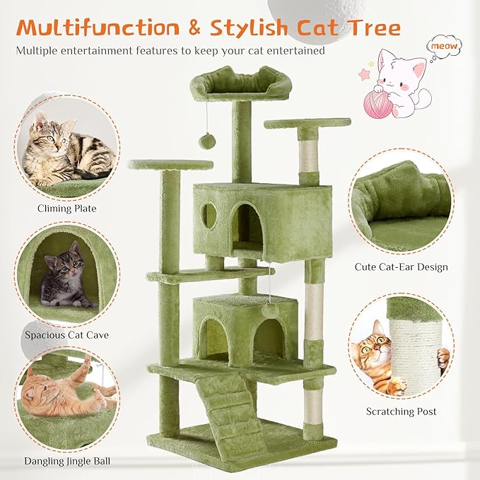 Cat Tree 54 Inch, Multi-Level Cat Tower with Condo, Perches, Sisal Scratching Posts and Climbing Ladder, Pet Play Toy Balls House for Indoor Cats, Green