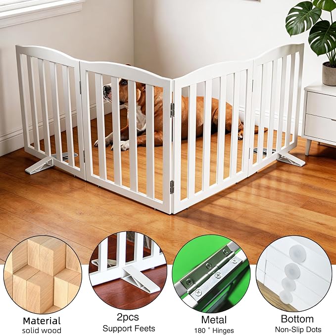 ZJSF Foldable Freestanding Indoor Dog Gate for House Wood White Long Pet Gates Dog Fence for Stairs Puppy Gates for Hallways,Pet Fence, Puppy Gate,Support Feet Included 24 "Height-4 Panels