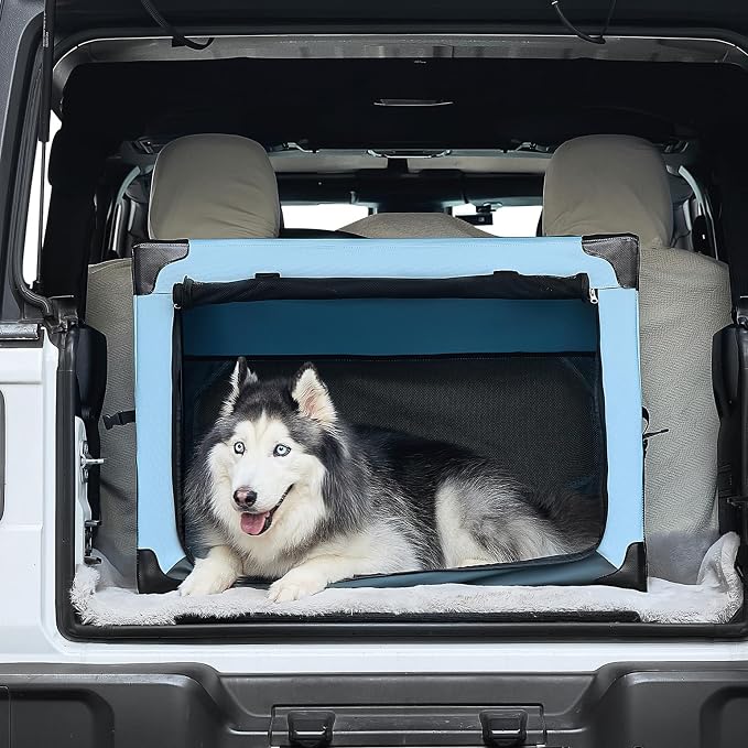 JOYTUTUS 32 Inch Collapsible Dog Crate, Steel Frame 8-Bar Foldable Soft Kennel, Portable Travel Crate for Large Dog Up to 51lbs, Oxford Cat Carrier Fit for Car Travel Indoor Outdoor
