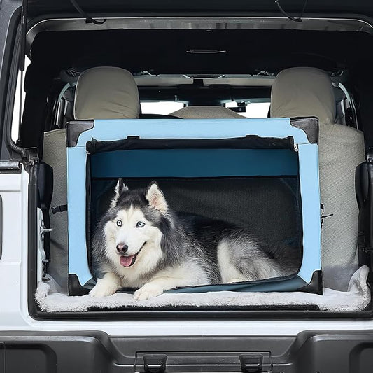 JOYTUTUS 32 Inch Collapsible Dog Crate, Steel Frame 8-Bar Foldable Soft Kennel, Portable Travel Crate for Large Dog Up to 51lbs, Oxford Cat Carrier Fit for Car Travel Indoor Outdoor