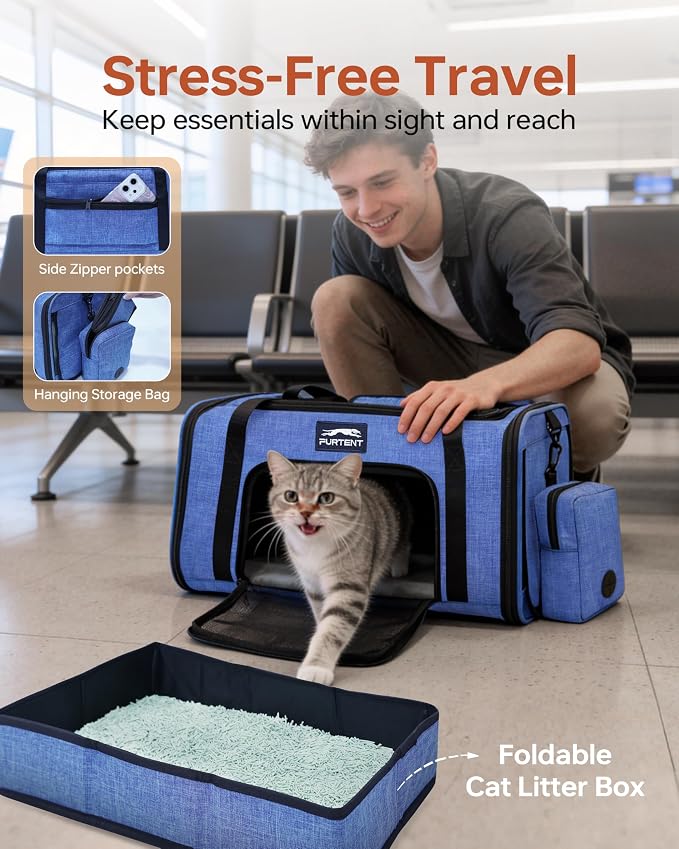 17x11x9.5 Pet Carrier Airline Approved, Cat Carrier with Litter Box, Soft Sided Cat Dog Carrier Up to 15 lbs, Breathable Travel Pet Carrier with Calming Curtain, Storage Bag & Poop Dispenser, Blue