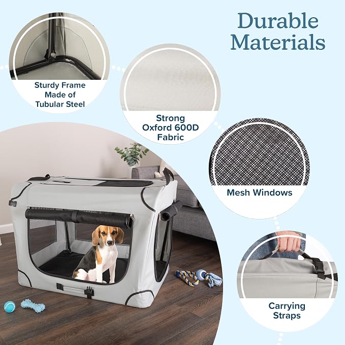 Soft Dog Crate - 32x23.25x23 Collapsible Dog Crate for Medium Pets - Portable Travel Pet Crate with 3 Doors, Mesh Windows, and Removable Divider - Travel Accessories by PETMAKER (Gray)
