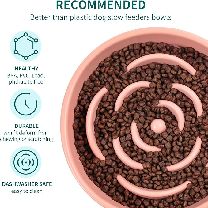 Pink Ceramic Slow Feeder Dog Bowl for Small and Medium Breeds,6.1 in Slow Feeding Bowl,Puzzle Cat Dog Food Bowl for Fast Eater,Maze Dish Puzzle Bowl for Small Dogs and Cats