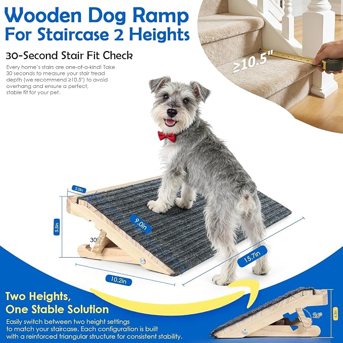 Adjustable Dog Ramp for Stairs, Foldable Wooden Dog Steps Anti-Slip | 2 Pack, Switch 4.3" or 5.5" Height, No Assembly, Gentle on Joints, for Senior & Injured Dogs, Natural Wood, 170 lbs