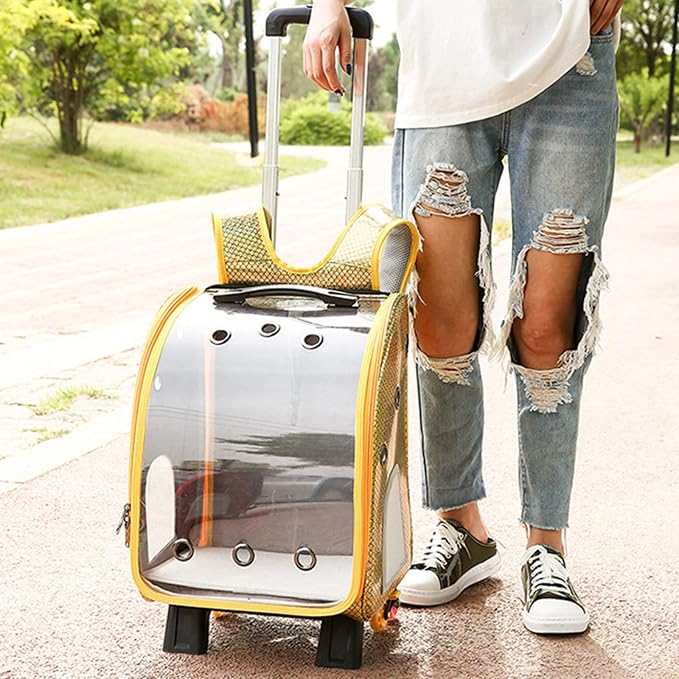 Pet Travel Rolling Carrier Backpack with Removable Wheels,Portable Foldable Breathable Airline Approved Hiking Soft-Sided Carrying Bag Trolley for Small Dogs And Cats with Mesh Ventilation Windows