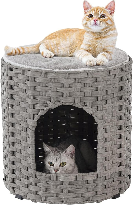 SETVSON Cat House for Indoor Cat, Large Double Cat Houses Cat Bed Cave, Handwoven Rattan Pet Beds with One Soft Pad, 17 x 17 x 17 Inches Foldable Kitten Hideaway in Living Room Gray