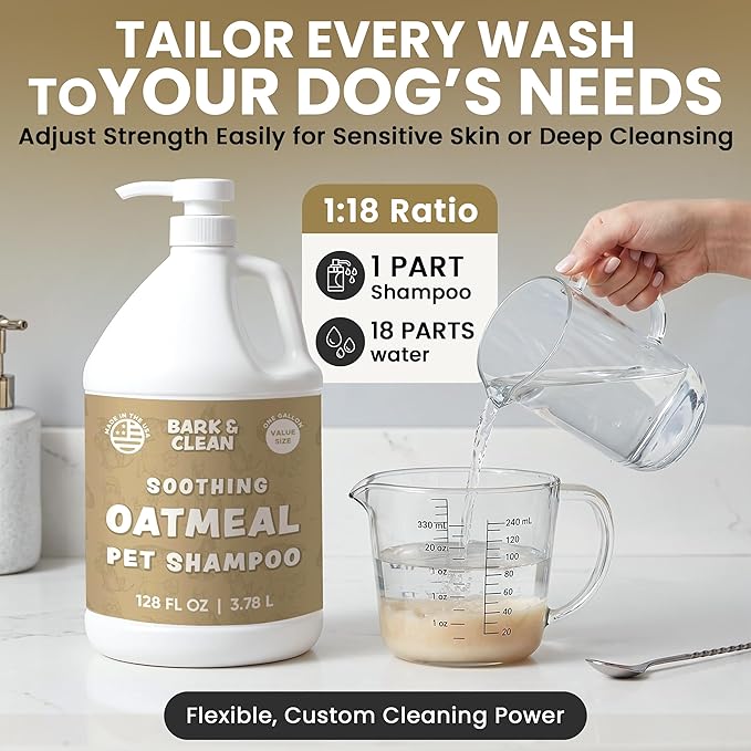 Oatmeal Dog Shampoo for Itchy Dry Skin, 1 Gallon with Pump - Hypoallergenic Anti-Itch Allergy & Sensitive Relief, Smelly Dogs, Aloe Vera Coconut Oil, Sulfate and Paraben Free, Made in USA Bark & Clean