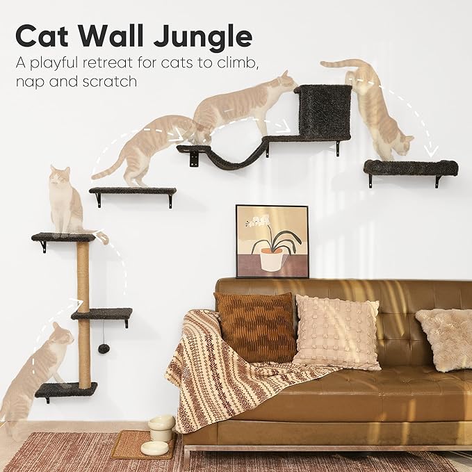 FUKUMARU Cat Wall Shelves, Stable & Safe 4 in 1 Cat Walls Furniture Set, Wooden Kitten Climbing Wall with Scratching Post for 16 Inch Drywall - Gray