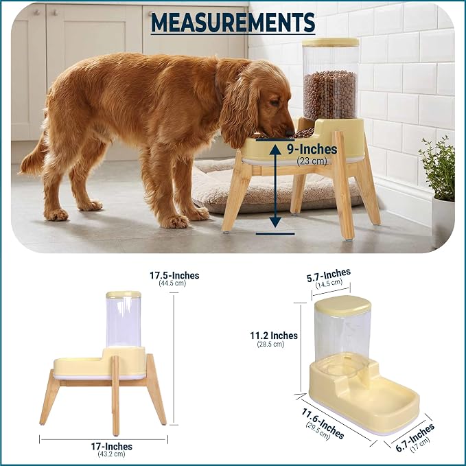 Elevated Dog Food Dispenser with Bamboo Stand for Medium Large Dogs - 4L 1 Gallon Gravity Dog Feeder - Raised Automatic Dog Food Bowl Station - Custom Fit Non Slip Anti Tip Non Wooble