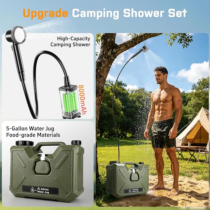 Portable Shower for Camping, 8000mAh Rechargeable Camping Shower Pump with Filtered Showerhead, LED Display, IPX8 Waterproof Outdoor Camp Shower for Hiking, Travel, Car, Pet Bath
