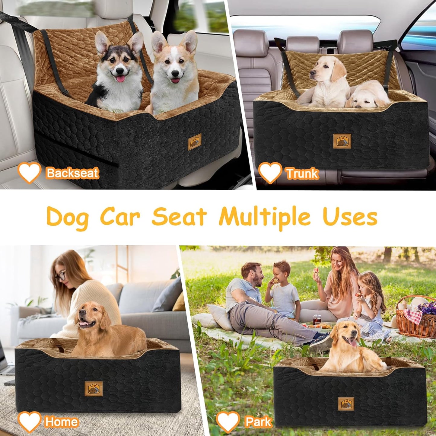 Dog Car Seat for Small/Medium Dogs, Memory Foam Dog Booster Seat, Travel Safety Per Car Seat with Washable Removable Cover, Storage Pockets for Dogs up to 35 lbs(BlackBrown)